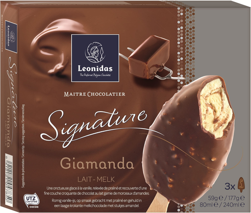 [5412121047850] LEONIDAS SIGNATURE Giamanda Dessert glacé chocolat au lait noisettes et amandes 3 x 59 g