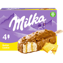 MILKA Glaces Bâtonnets Vanille Biscuits au Beurre et Chocolat, la boîte de 4 bâtonnets