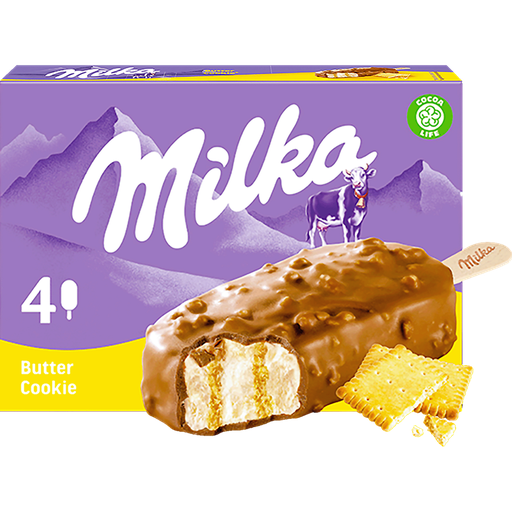 [5900130042701] MILKA Helados en Palo Vainilla Galleta de Mantequilla y Chocolate, caja de 4 unidades