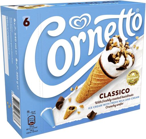 [8711327616783] LANGNESE Cornetto Classico Helados de cono vainilla y avellana 6 x 90 ml