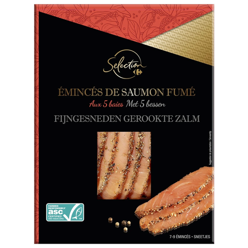 [3245411891800] CARREFOUR Smoked salmon strips with 5 berries 100 g