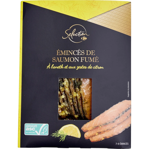 [3245411891855] CARREFOUR Smoked salmon strips with beechwood, dill and lemon 100 g