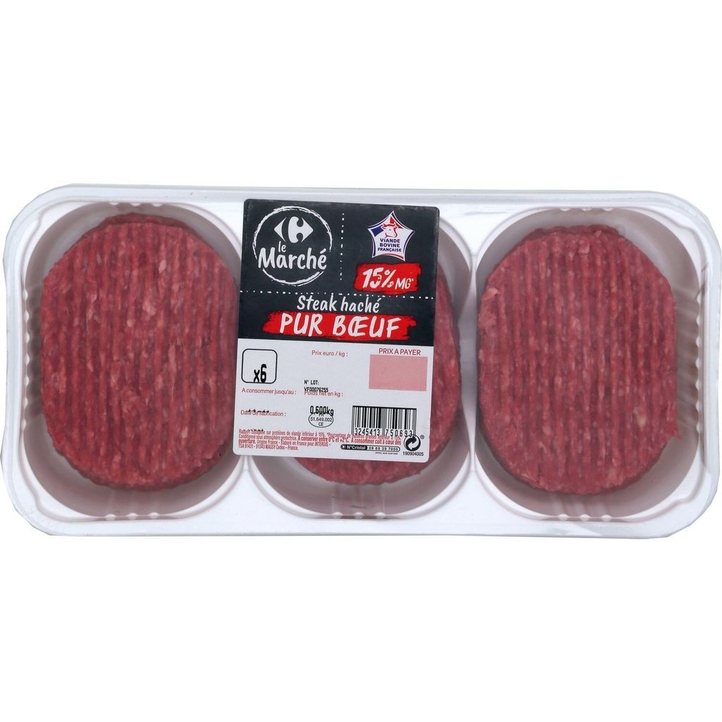 CARREFOUR LE MARCHE Steaks Hachés Pur Bœuf 15% MG 600g