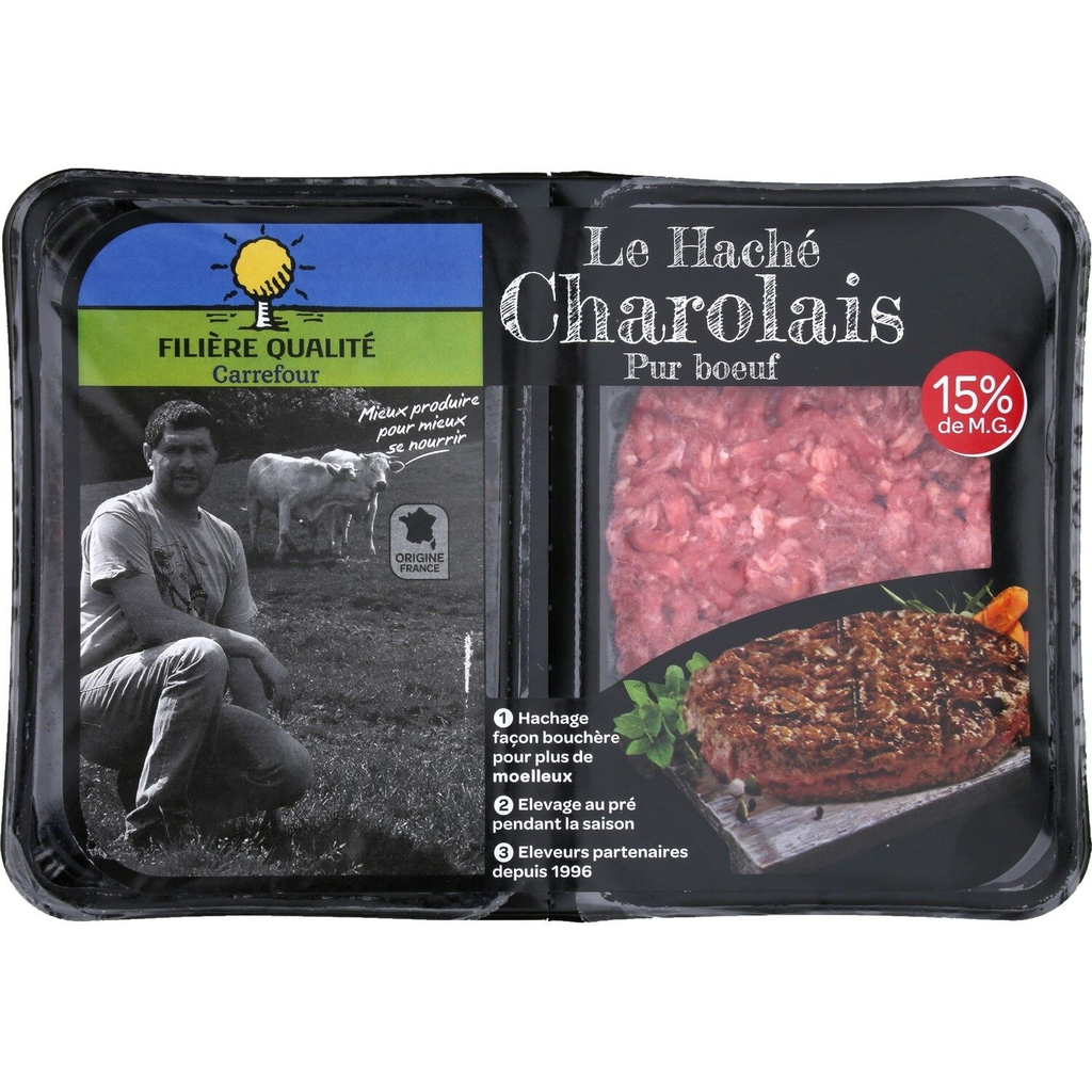 FILIERE QUALITE CARREFOUR Steaks Hachés Pur Bœuf 15% MG 250g