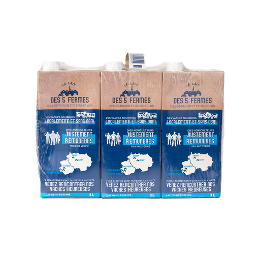 [3248340053455] LES 5 FERMES UHT Semi-Skimmed Milk ILE DE FRANCE, 6 x 1 L brick