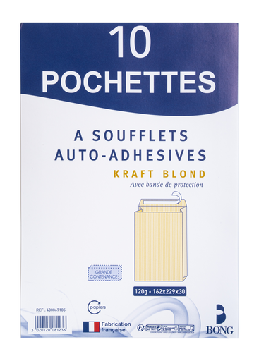 [3020120081236] OXFORD 10 Enveloppes Auto-Adhésives à Soufflet 16,2x22,9cm Papier Kraft Blond 90 g