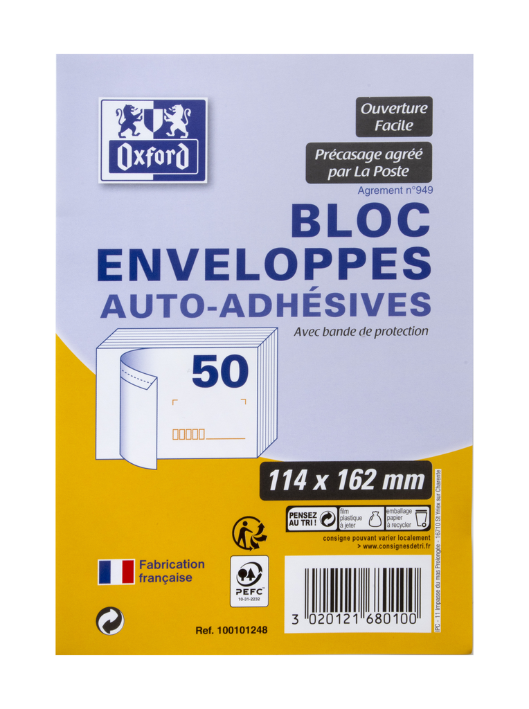 OXFORD Pad of 50 Self-Adhesive Envelopes Pre-cut 11.4x16.2cm