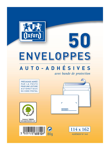 [3020121688106] OXFORD Self-Adhesive Pre-lined Envelopes 11.4x16.2cm - 50 units