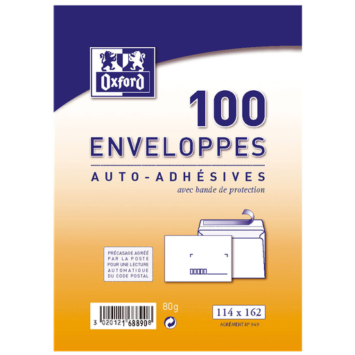 [3020121688908] OXFORD 100 Self-Adhesive Pre-creased Envelopes 11.4x16.2cm