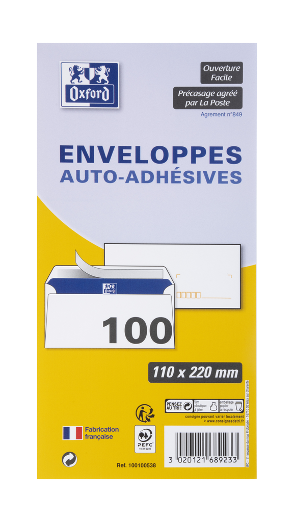 OXFORD Self-Adhesive Pre-marked Envelopes 11x22cm 80g (100)
