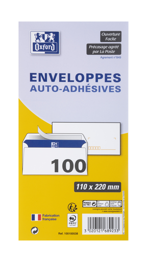 [3020121689233] OXFORD Self-Adhesive Pre-marked Envelopes 11x22cm 80g (100)