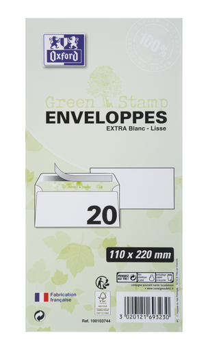 [3020121693230] OXFORD 20 Enveloppes Auto-Adhésives Greenstamp 11x22cm Papier Recyclé Blanc 90 g
