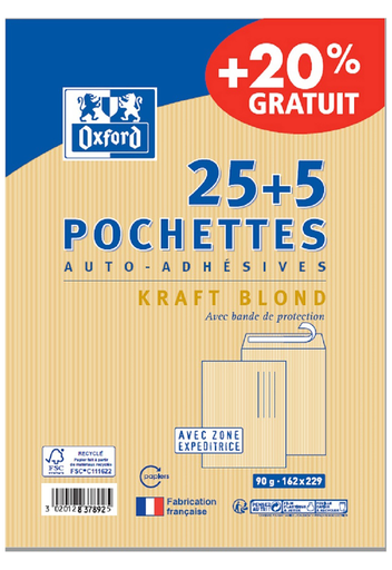 [3020128378925] OXFORD Self-Adhesive Kraft Envelopes Blond 16.2x22.9cm 30 Units
