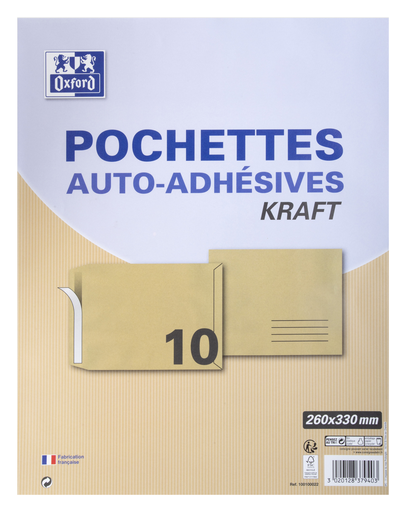 [3020128379403] OXFORD 10 Self-Adhesive Envelopes 26x33cm Blond Kraft Paper 90g