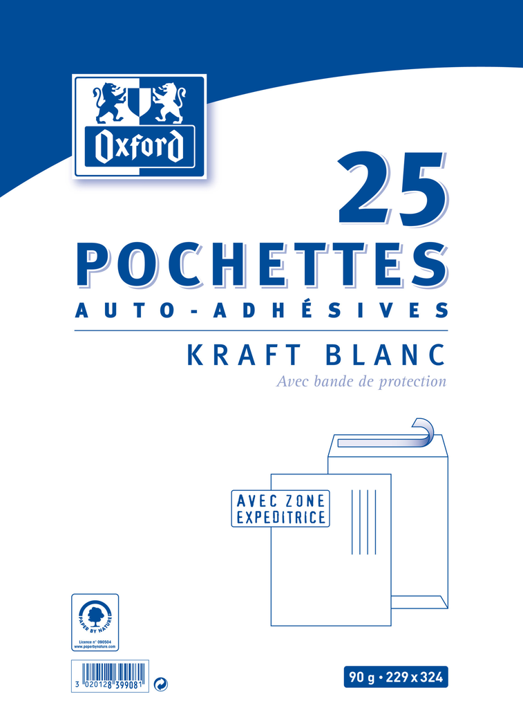 OXFORD 25 Self-Adhesive Padded Envelopes 22.9x32.4cm White Kraft 90g