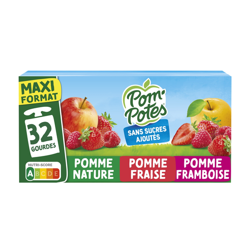 [3021762432219] POM'POTES Fruit Dessert Pouches No Added Sugar Apple, Apple Strawberry, Apple Raspberry 32 pouches of 90 g