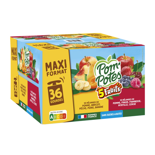 [3021762436149] POM'POTES 5-Fruit Compote apple apricot peach pear banana and strawberry raspberry blueberry cherry 36 pouches of 90g