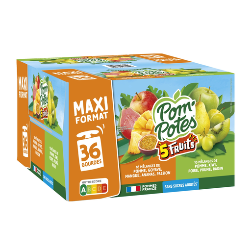 [3021762436156] POM'POTES 5-Fruit Compote Apple Kiwi Pear Plum Grape and Guava Mango Pineapple Passion 36 pouches of 90 g