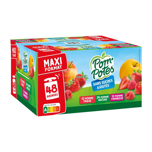 [3021762448371] POM'POTES Apple Nature Strawberry Raspberry Fruit Pouches No Added Sugar 48 x 90 g