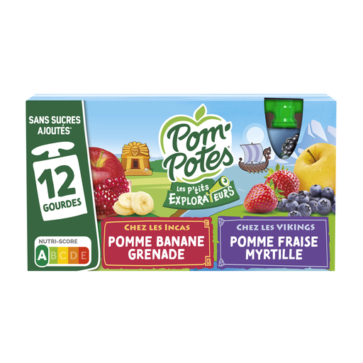 [3021762512546] POM'POTES Les P'tits Explorateurs Apple Banana Pomegranate, Strawberry Blueberry 12 pouches of 90 g