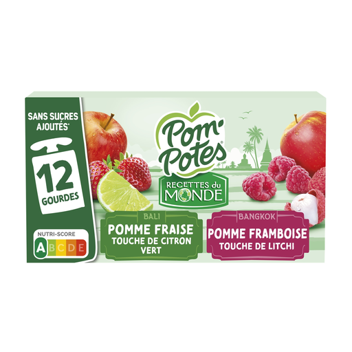 [3021762512553] POM'POTES Douceurs d'Asie Apple Raspberry Lychee, Strawberry Lime Fruit Pouches 12 x 90 g