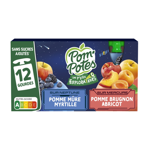 [3021762512683] POM'POTES Les P'tits Explorateurs Apple Blackberry Blueberry, Nectarine Apricot Compote 12 pouches of 90g