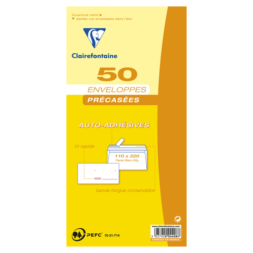 [3037920044088] CLAIREFONTAINE 50 self-adhesive pre-printed envelopes 110x220 80g