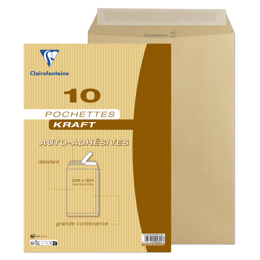CLAIREFONTAINE 10 Sobres Kraft Rubio Autoadhesivos 22.9X32.4cm 90g