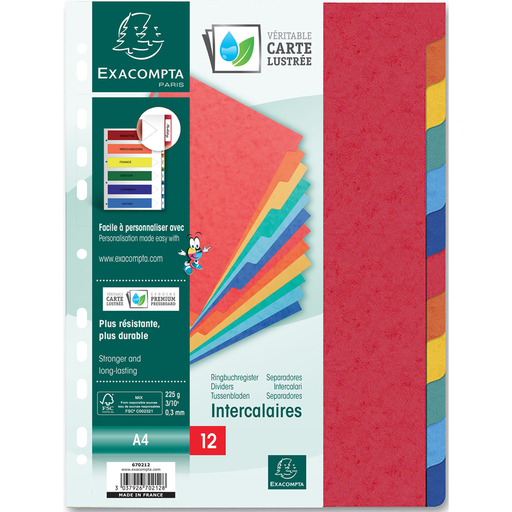 [3037926702128] EXACOMPTA Intercalaires 12 positions 21x29,7cm 18 trous carte lustrée couleurs vives