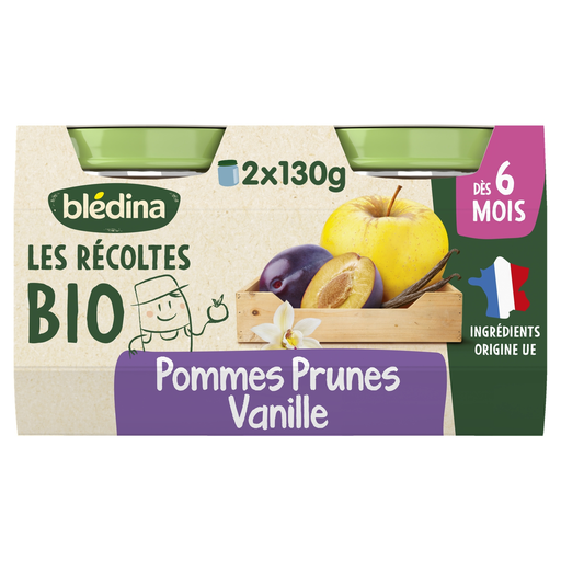 [3041091769961] BLEDINA Apple Plum Vanilla Puree Les Récoltes Bio 2x130g