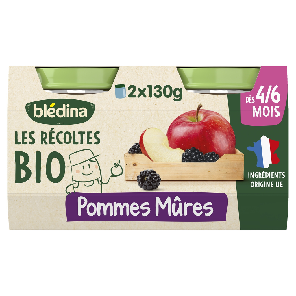 BLEDINA Organic Apple Blackberry Baby Puree from 4-6 months 2 x 130g pots