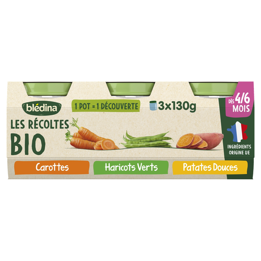 [3041091829504] BLEDINA Les Récoltes Bio Baby Meal Carrot, Green Beans, Sweet Potato 3 pots of 130g