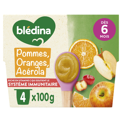 [3041091883926] BLEDINA Fruit puree apples oranges acerola, 4 pots of 100 g