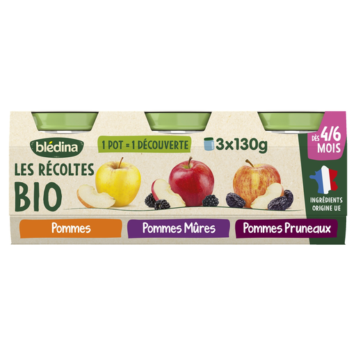 [3041091902184] BLEDINA Les Récoltes Bio Apple Blackberry Prune Baby Food 3x130g