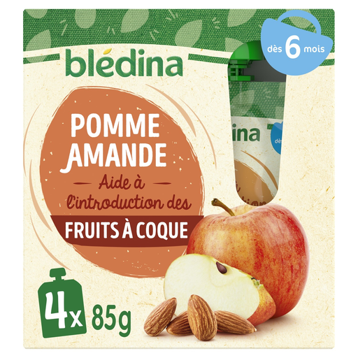 [3041091911292] BLEDINA Baby Fruit Pouch Apple Almond, 4 pouches of 85 g