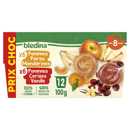 [3041091963383] BLEDINA Fruit cups apple pear mandarin/apple cherry vanilla, 12 pots of 100g