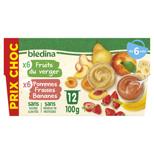 [3041091963451] BLEDINA Fruit cups apple strawberry banana/Orchard fruits 12 pots of 100 g