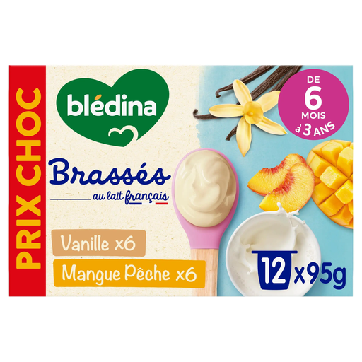 [3041092056008] BLEDINA Brassés sobremesa láctea baunilha e manga pêssego 12 x 95 g