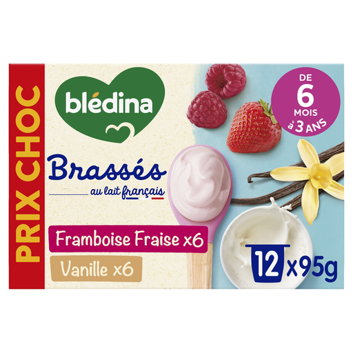 [3041092056015] BLEDINA Brassés sobremesa láctea baunilha & framboesa morango 12 x 95 g
