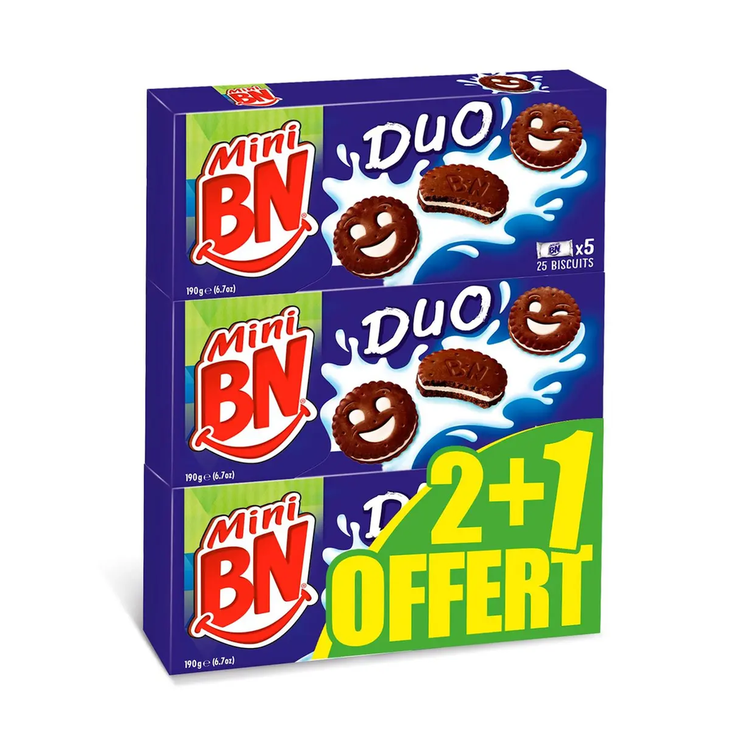 BN Mini biscuits fourrés goût chocolat et vanille 3 x 190 g