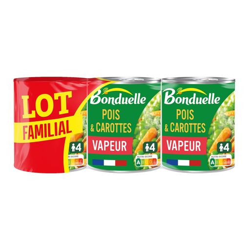 [3083681131215] BONDUELLE Petits pois doux et carottes extra fondants 3 x 530 g