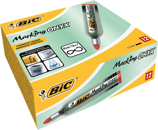 [3086123010024] BIC Marking Onyx 1482 Permanent Markers Large Bullet Tip Red, Box of 12