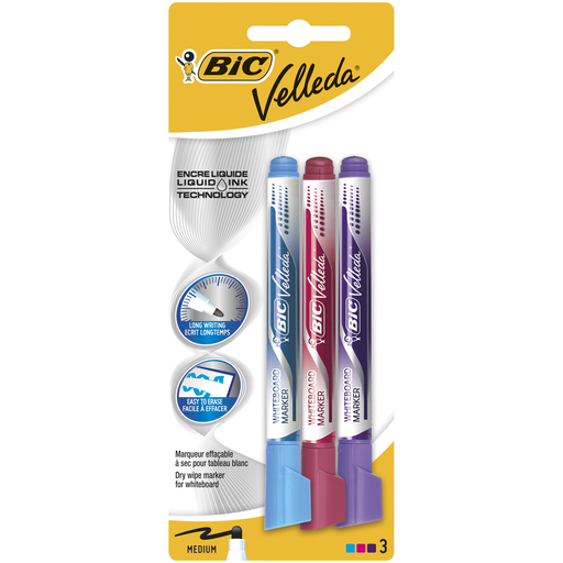 [3086123384385] BIC Velleda Rotuladores para Pizarra Blanca Borrables en Seco Punta Cónica Ancha Colores Fantasía Surtidos, Blíster de 3
