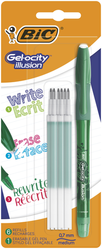 [3086123629189] BIC Gel-ocity Illusion Erasable Gel Pen Medium Point 0.7mm Green + 6 Refills