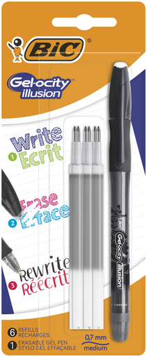 [3086123629196] BIC Gel-ocity Illusion Erasable Gel Pen Medium Point 0.7mm Black + 6 Refills