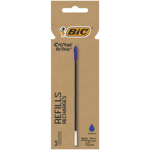 [3086123681446] BIC Cristal Re'New Ballpoint Pen Refills Medium Point (1.0mm) Blue, Case of 3