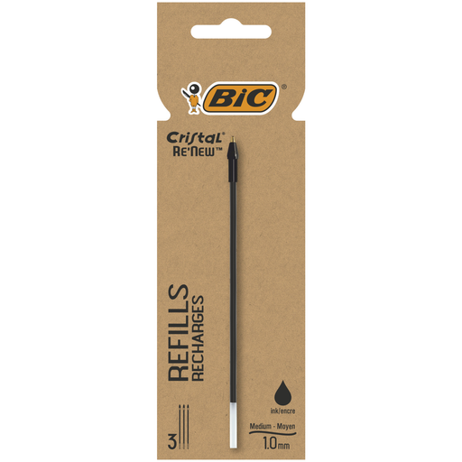 [3086123681453] BIC Recambios para Bolígrafo Cristal Re'New Punta Media (1,0mm) Negro, Cartón de 3