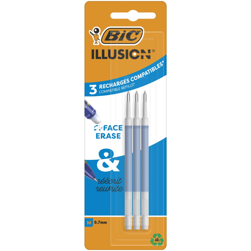 [3086123735354] BIC Illusion Erasable Gel Pen Refills Medium Point 0.7mm Blue, Pack of 3