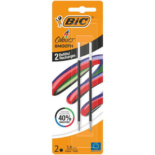 [3086123763326] BIC 4 Couleurs Smooth Ballpoint Pen Refills Medium Point 1.0mm, pack of 2