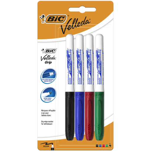 [3086126644745] BIC Velleda Grip Feutres pour Tableau Blanc Effaçables à Sec, Blister de 4